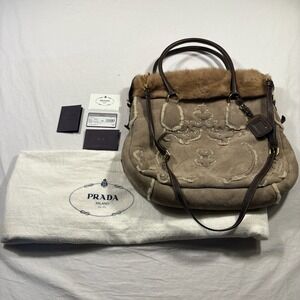 Authentic Prada Shearling Mink Fur Tote Bag Suede Pre-Owned